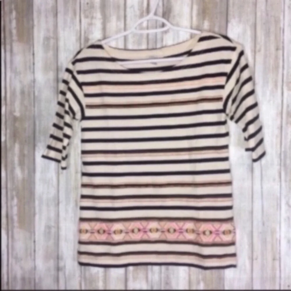 J.Crew Striped Embroidered 3/4 Sleeve Top XXS Blue Cream Nautical Casual Blouse